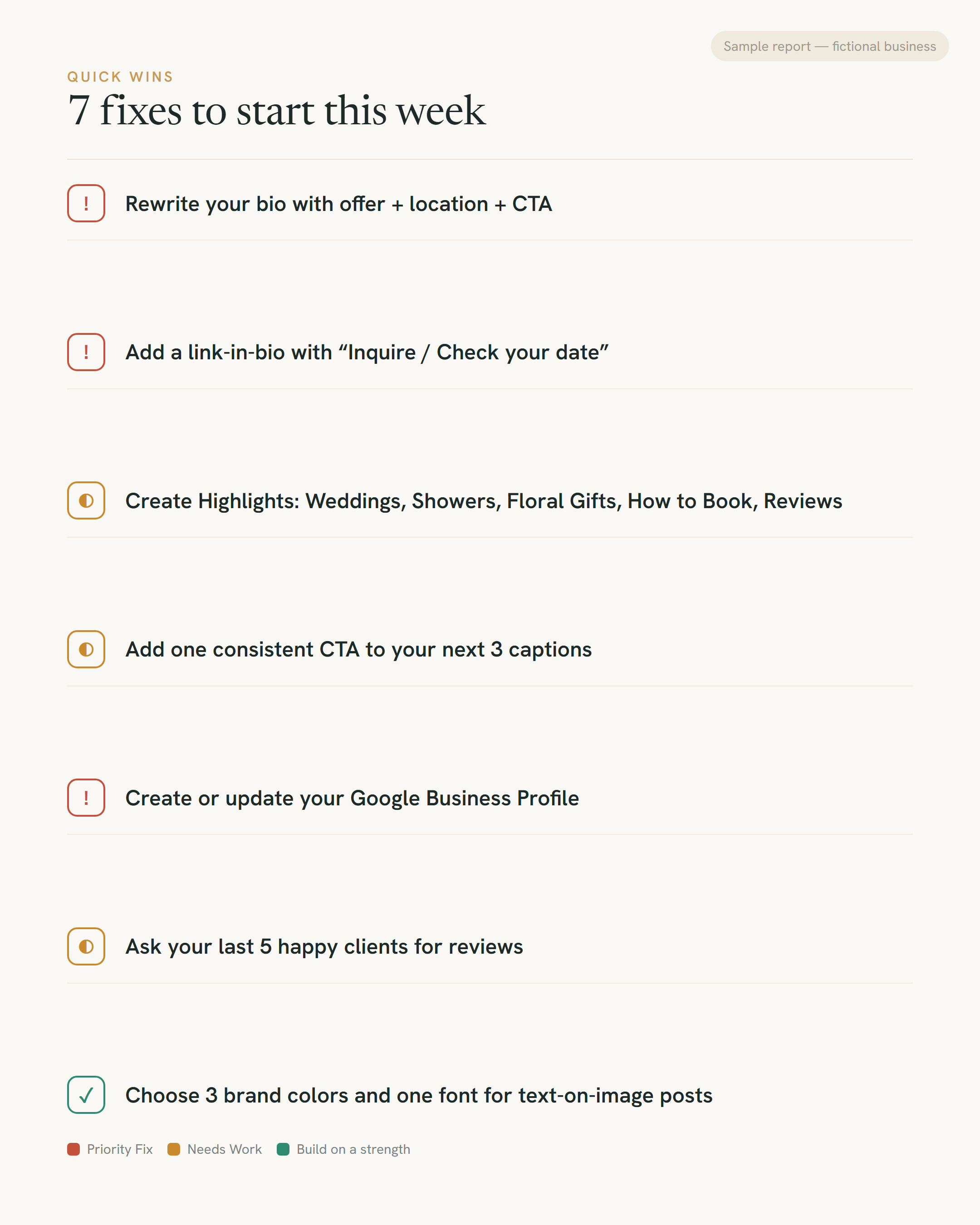 Sample audit quick wins page