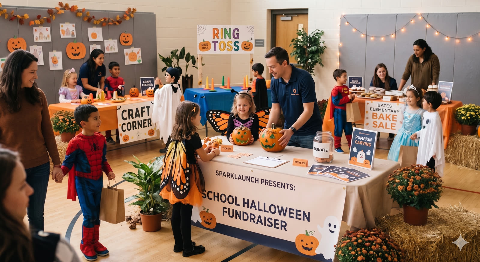 School Halloween fundraiser with kids in costumes, bake sale booth, and ring toss activity.