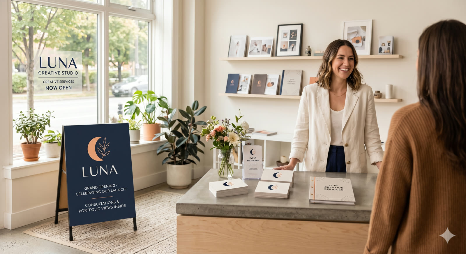 LUNA Creative Studio grand opening storefront with brand signage, printed collateral, and a client consultation.
