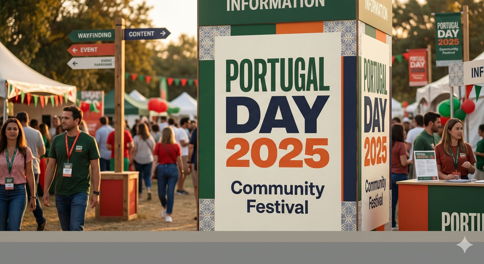 Portugal Day Vancouver 2025 community festival signage with wayfinding, information pillar, and attendees.